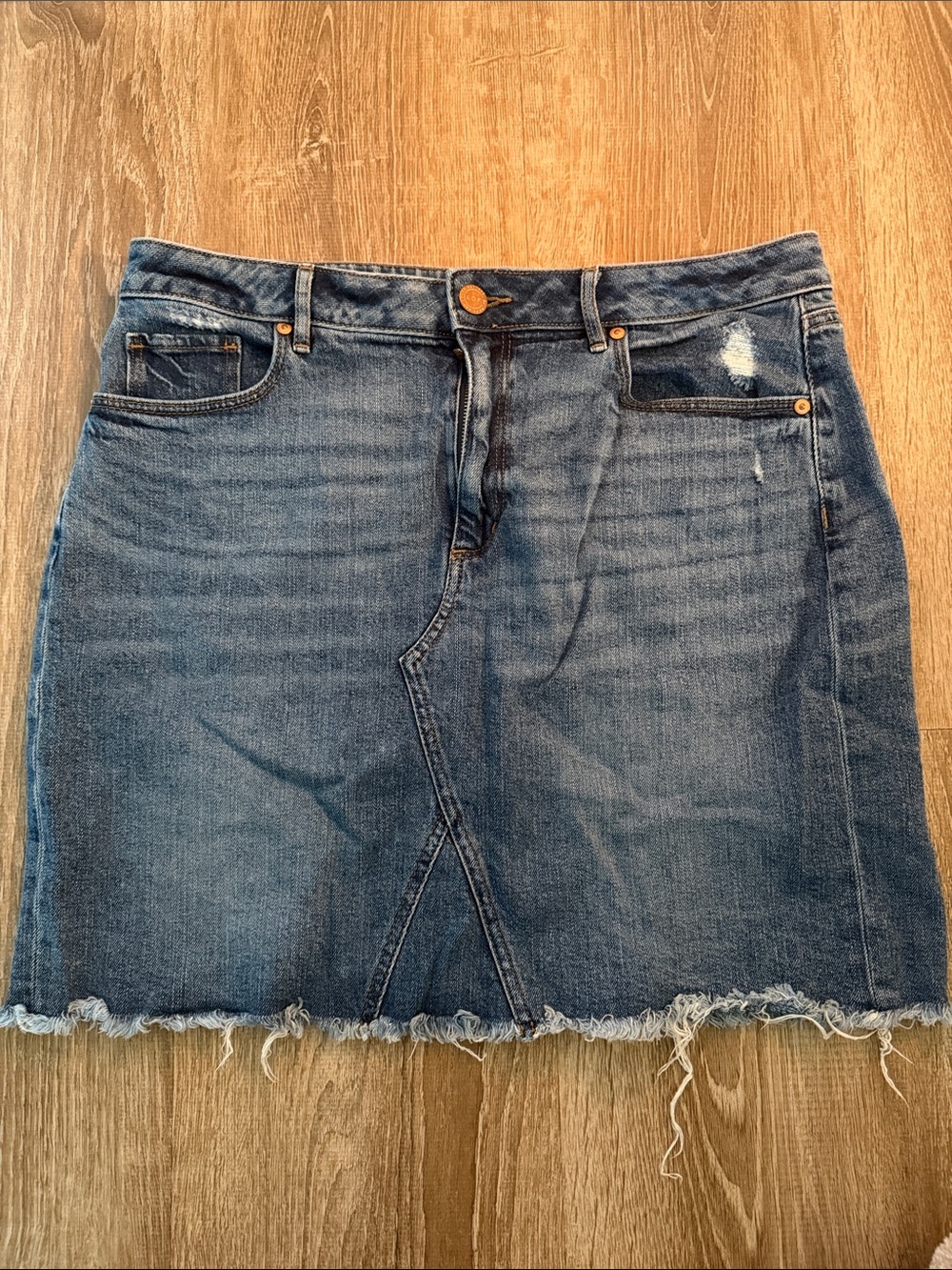 LOFT Blue Denim Mini Skirt with Frayed Hem and Front Seam